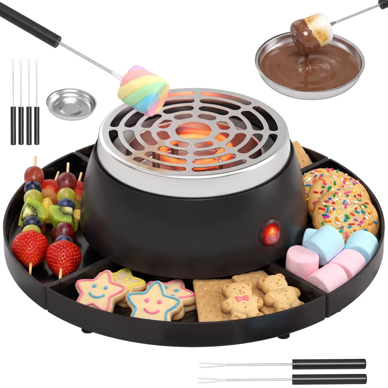 HOMCOM 2-w-1 S'mores-Maker i zestaw do fondue czekoladowego Elektryczny bezpłomieniowy z 4 widelcami do pieczenia, 4 zdejmowanymi tacami na imprezę
