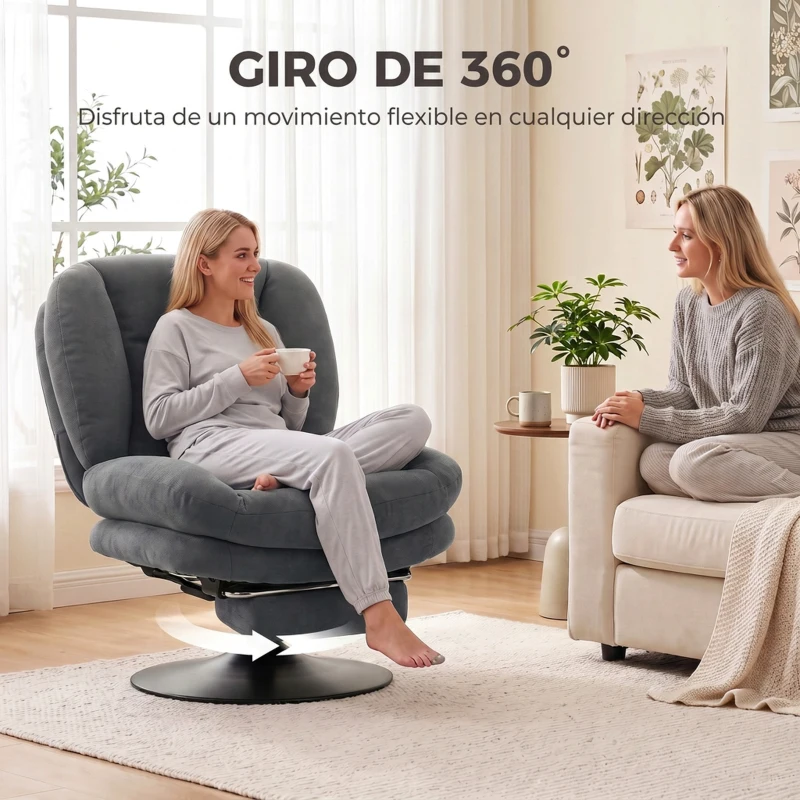 HOMCOM Sillón de Salón con Reposapiés Ajustable y Giratorio 360° de Lino Respaldo Forma Abanico Acolchado Grueso Gris Oscuro