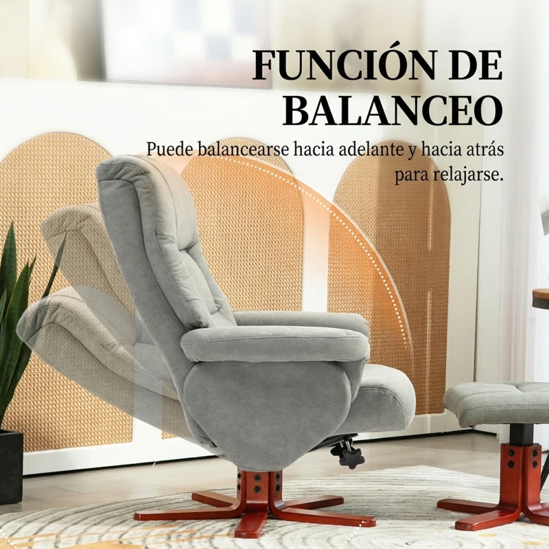 HOMCOM Sillón Relax Reclinable con Reposapiés Tapizado en Tejido Técnico Marco de Madera  Función Basculante Gris