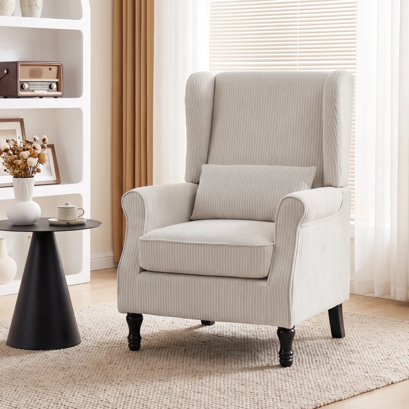 HOMCOM Sillón de Salón, Sillón Auxiliar Moderno en Terciopelo Acanalado con Respaldo Alto con Orejas, Cojín Lumbar, Beige