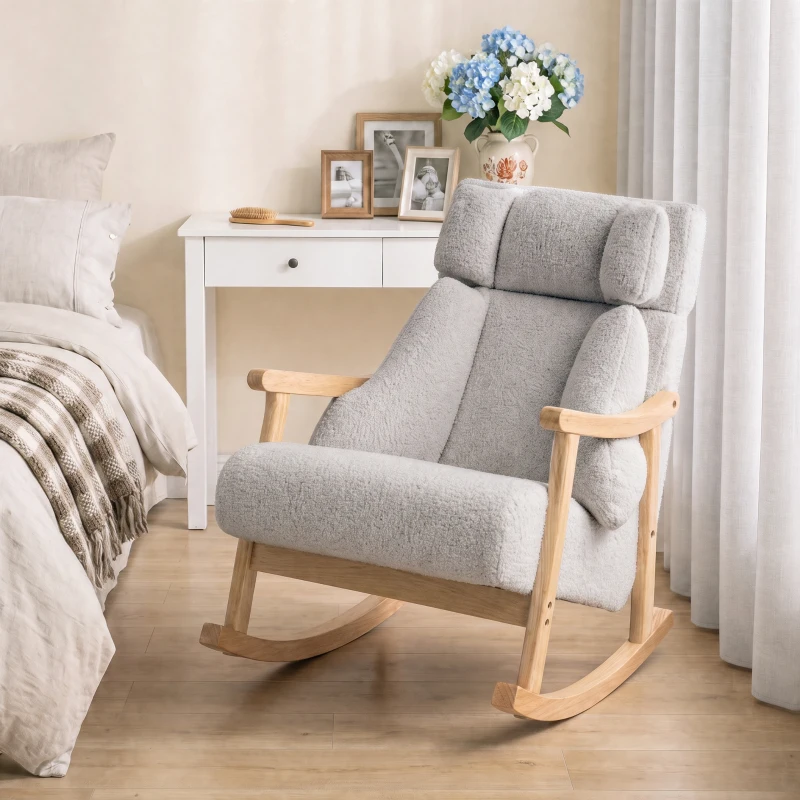 HOMCOM Mecedora Tapizada de Borreguito con Reposacabezas Ajustable y Patas de Madera 65x98x88 cm Gris Claro