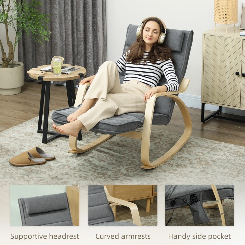 HOMCOM Schommelstoel met Massagefunctie, Lendenverwarming, 3 Modi, Stofbekleding, Grijs