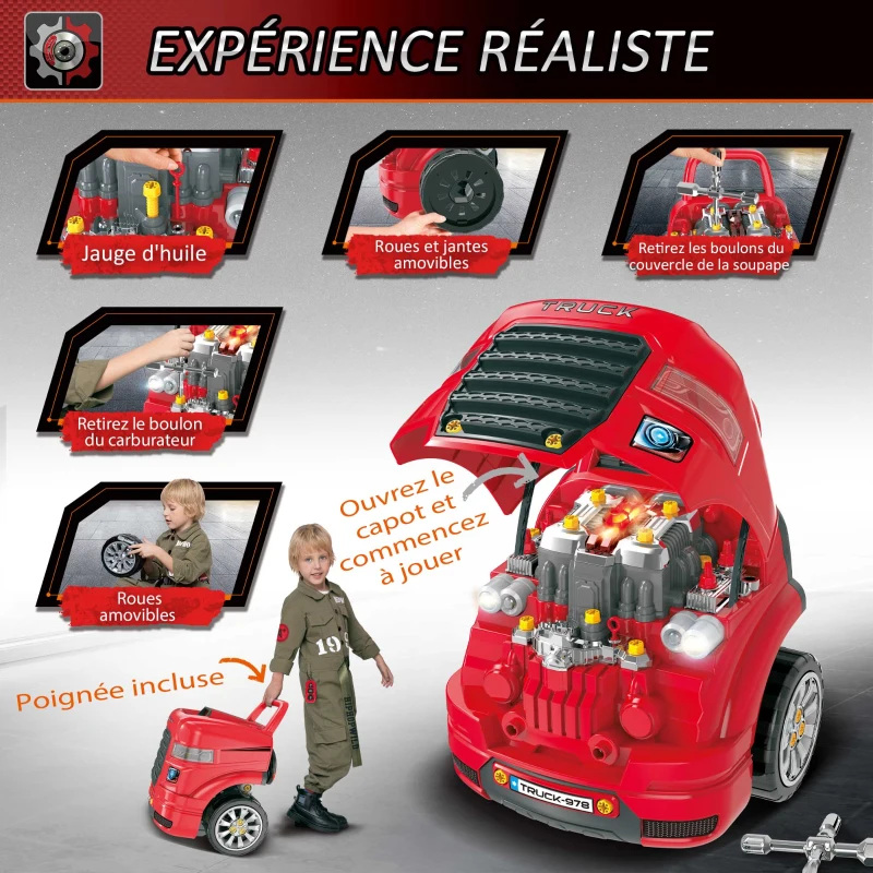 HOMCOM Camion mécano 2 1 - Jouet Bricolage Enfant - Établi - Jeu imitation mécanicien - Nombreux PP ABS Rouge(m-6)