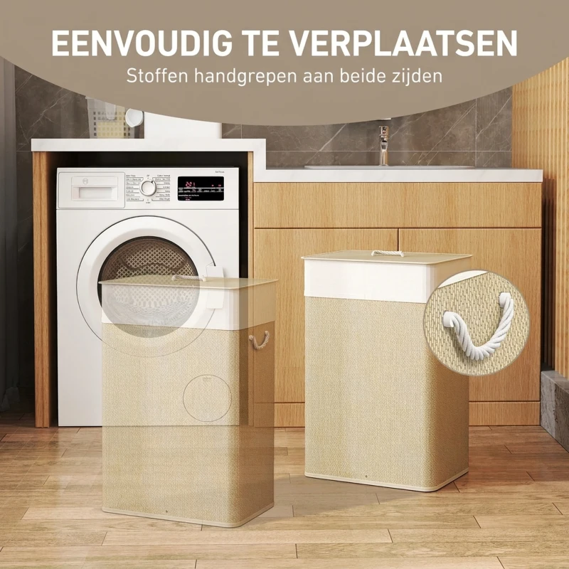 HOMCOM Bamboe Wasmand met Deksel 72L, Wasverzamelaar met Bamboegrepen en Uitneembare Waszak, Naturel