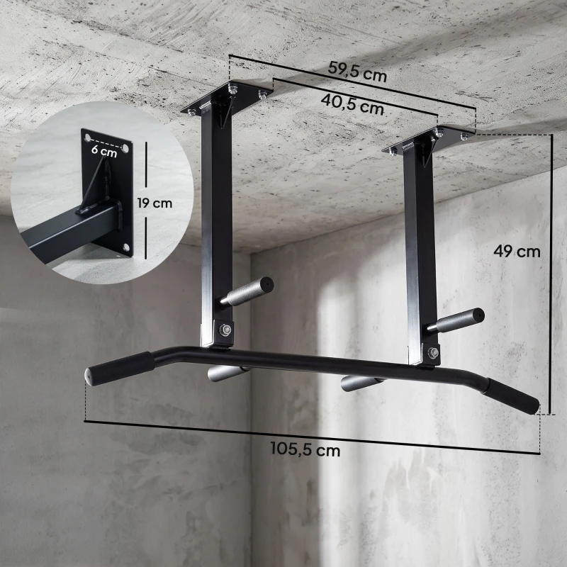HOMCOM Barra de Elevação de Parede barra Pull-Up de Aço para Treino em Casa Carga Máxima 150 kg 105,5x28x49 cm Preto