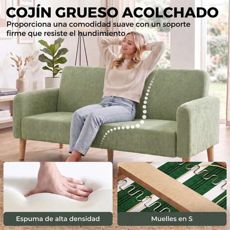 HOMCOM Sofá de 2 Plazas de 160 cm Tacto Aterciopelado Acolchado Grueso Asiento Amplio y Patas de Madera de Caucho Verde