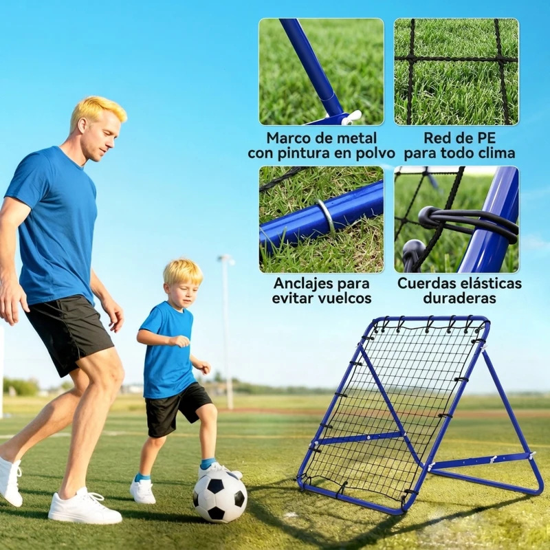 HOMCOM Red de Rebote Reboteador de Fútbol de Metal con Ángulo Ajustable 20 Cuerdas Elásticas 96x80x96 cm Azul