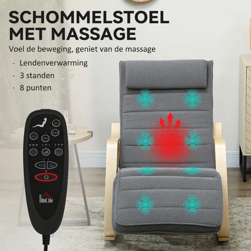 HOMCOM Schommelstoel met Massagefunctie, Lendenverwarming, 3 Modi, Stofbekleding, Grijs