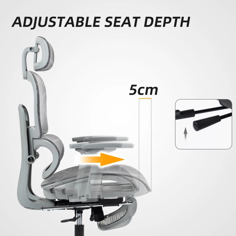 HOMCOM Ergonomic Office Chair with Footrest, High Back Mesh Desk Chair, Adjustable Lumbar Support, 3D Armrests, Grey
