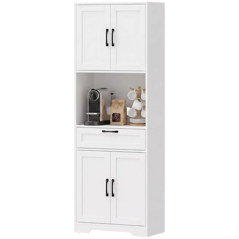 HOMCOM Alacena de Cocina de 170 cm con 4 Puertas Cierre Suave Cajón Estantes Ajustables Encimera para Microondas Blanco