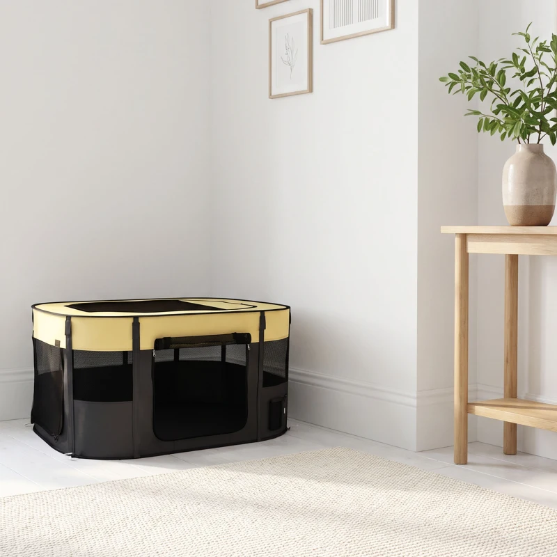 PawHut Parque plegable para mascotas parque para cachorros de tejido Oxford con ventanas y puertas bolsa de almacenamiento amarillo