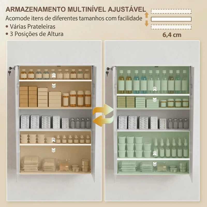HOMCOM Armário de Medicamentos de Parede com Fechadura 2 Chaves e Portas de Vidro 60x17x82,5 cm Branco