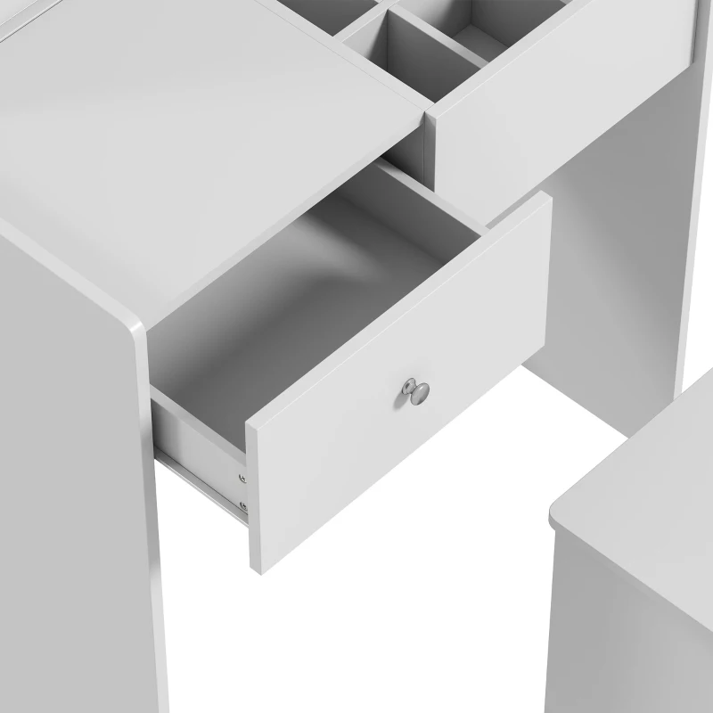 HOMCOM Vanity Desk with Mirror Dressing Table Drawer Set 6 Compartments Storage Stool White