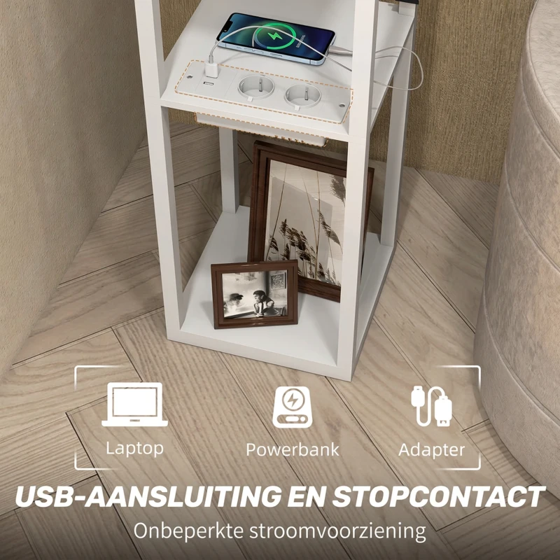 HOMCOM Vloerlamp met 3-laags rek, voetschakelaar, USB-poorten, MDF, wit