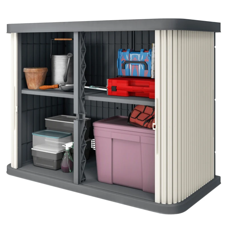 Outsunny Cofre de Almacenamiento Exterior 480 L, 2 Niveles con Puertas Correderas Resistente a los UV, 120,5x59,5x92cm, Gris