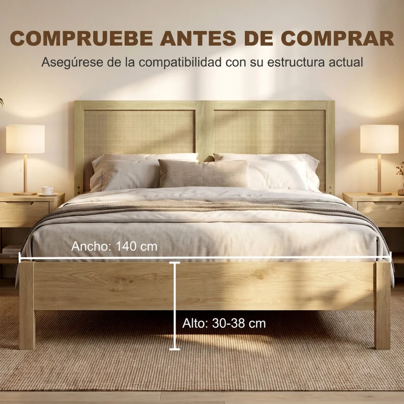 HOMCOM Cabecero de Cama de Ratán Bohemio 140 cm Cabezal de Cama Cabecero para Dormitorio Roble