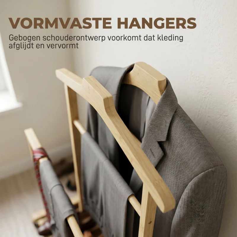 HOMCOM Bamboe kledingrek op wielen, compact, met hangers, ophangstangen, opbergvak en onderrek, eikenlook