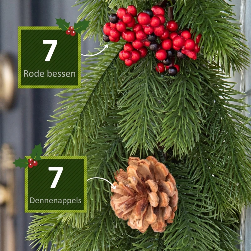 HOMCOM 1,9M kunstkerstslinger bloemdecoratie met dennenappels bessen kerstslinger spar voor trappen haard PE groen 190 x 12 x 8 cm
