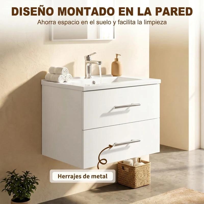 HOMCOM Mueble de Baño con Lavabo Montaje en Pared con 2 Cajones Lavamanos de Cerámica Estilo Moderno 61x40x48 cm Blanco