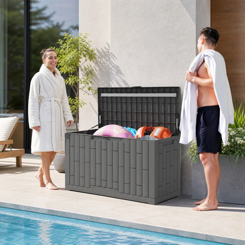 Outsunny Cofre de Almacenamiento Exterior 379 L Bloqueable con Pistón de Gas, Efecto Madera, 122,5x56x62cm, Gris