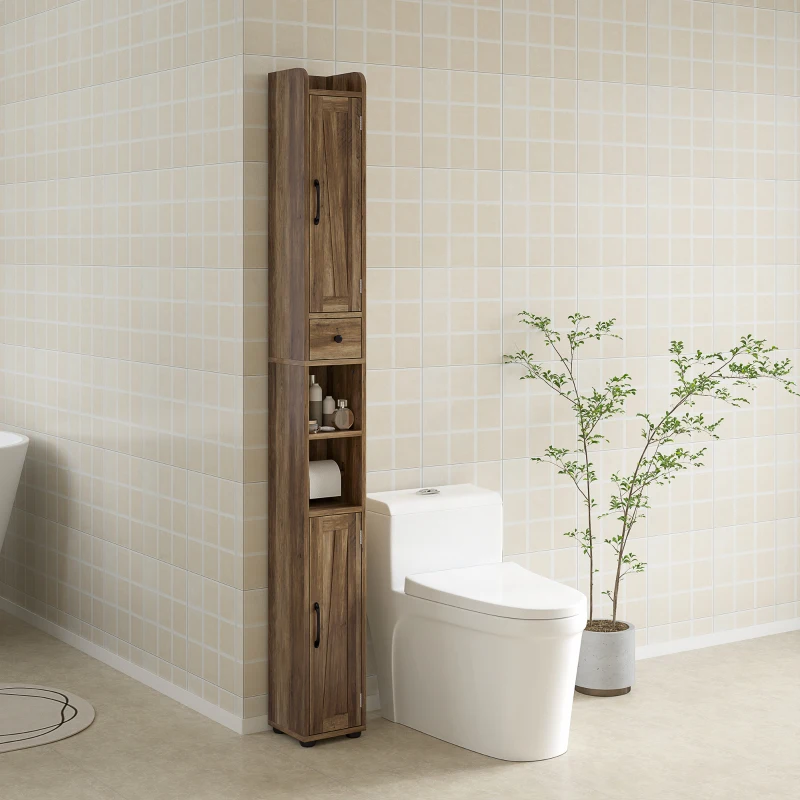 HOMCOM Coluna de Casa de Banho com 2 Portas, Compartimento Aberto, Prateleiras Ajustáveis e Suporte para Papel Higiénico, 20x20x185 cm, Castanho Acinzentado