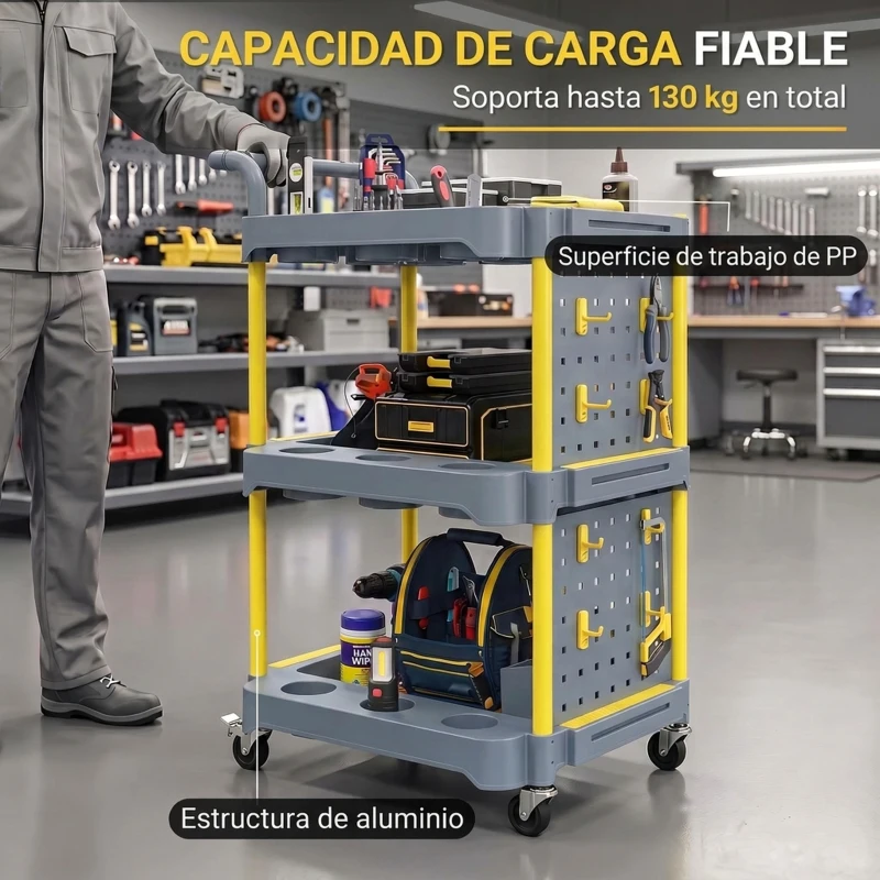 HOMCOM Carro de Herramientas con Ruedas de 3 Niveles con Panel Perforado 8 Ganchos para Garaje Taller Almacén Gris y Amarillo