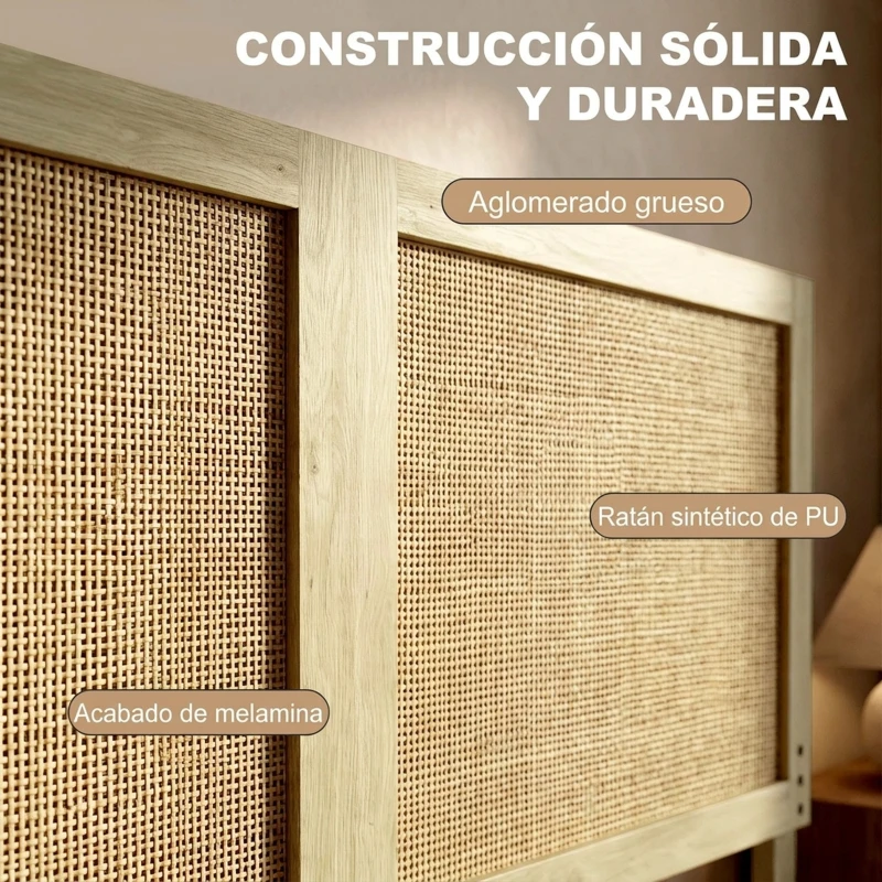 HOMCOM Cabecero de Cama de Ratán Bohemio 140 cm Cabezal de Cama Cabecero para Dormitorio Roble