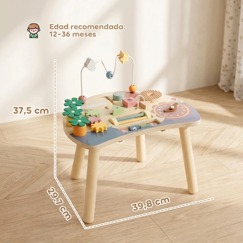 AIYAPLAY Mesa de Actividades para Bebé 1-3 Años 6 en 1 Montessori con Engranajes Laberinto de Cuentas Reloj Giratorio Zanahorias