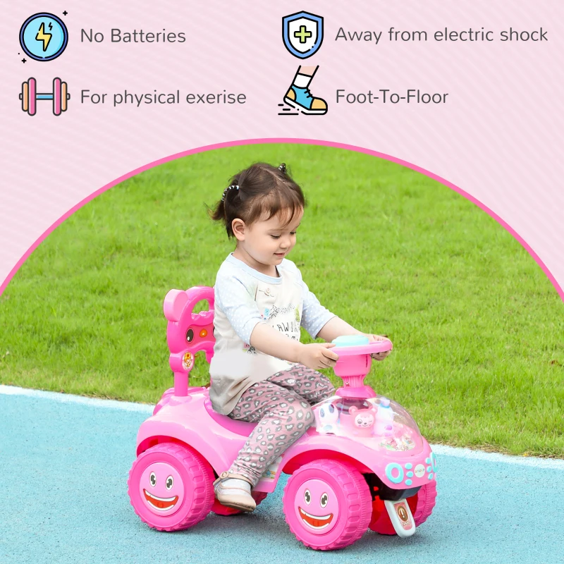 AIYAPLAY Loopauto voor kinderen, duwwagen met claxon, licht, muziek, stuur, opbergruimte onder de zitting, roze