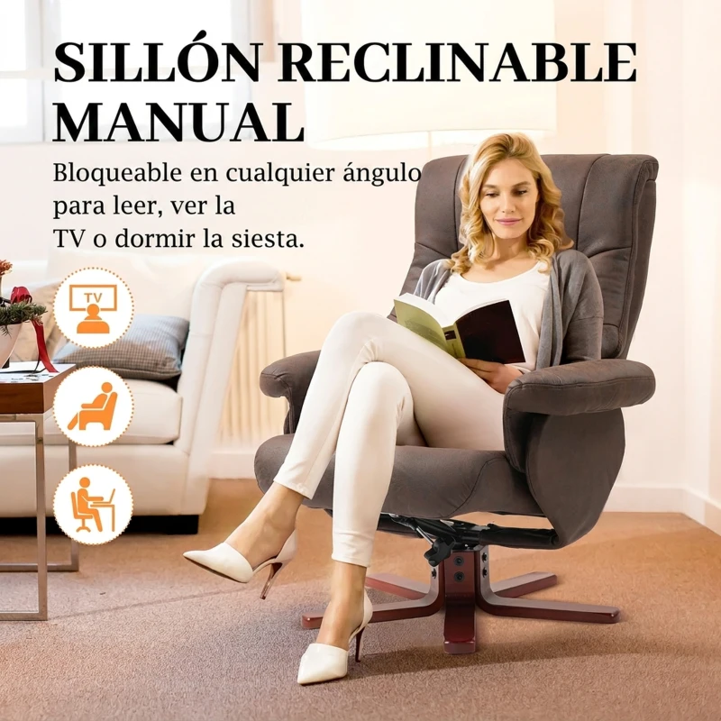 HOMCOM Sillón Relax Reclinable con Reposapiés Tapizado en Tejido Técnico Marco de Madera  Función Basculante Marrón Oscuro