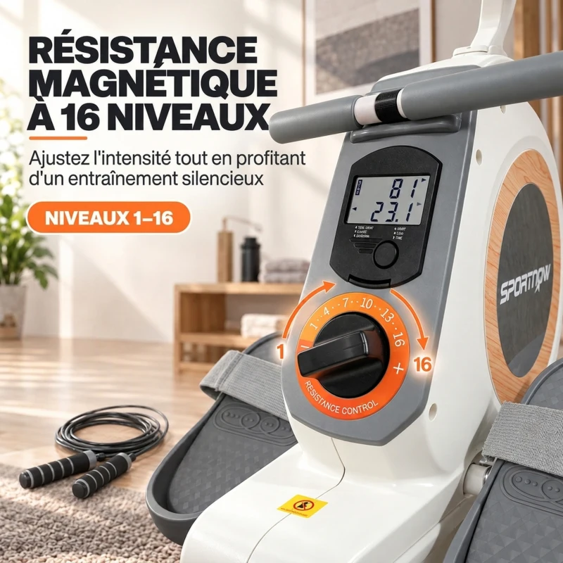 SPORTNOW Rameur magnétique 16 niveaux avec écran LCD et support de téléphone, rangement vertical, pour l'entraînement à domicile