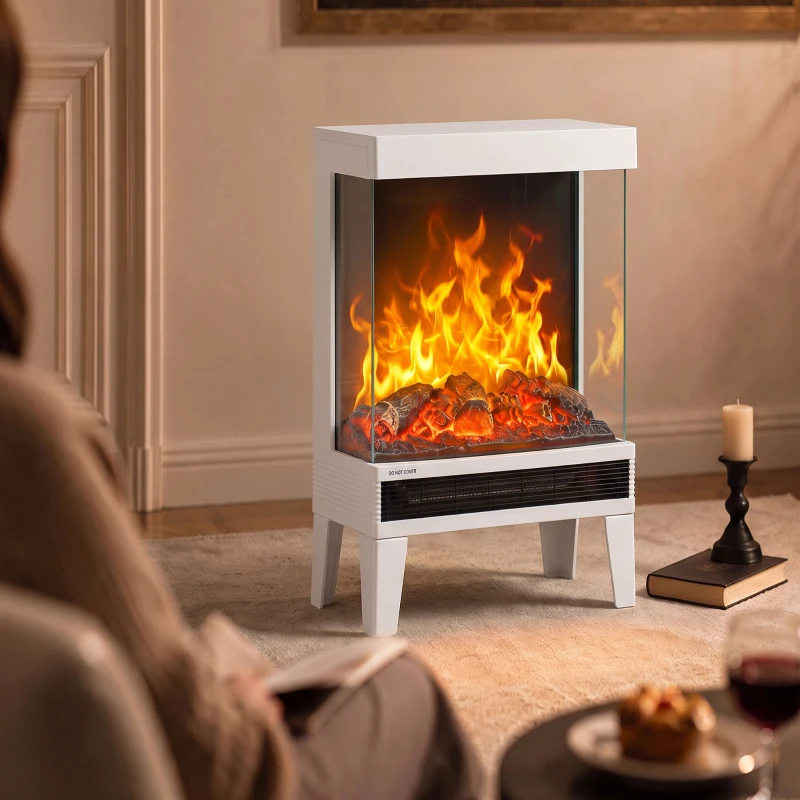 HOMCOM Chimenea Eléctrica 1000/2000W Calentador de Chimenea con Llama LED Ajustable hasta 15-20 m² 40,5x20x62 cm Blanco