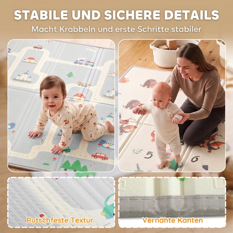 AIYAPLAY Opvouwbare dubbelzijdige baby speelmat met verkeers- en dinosaurusmotief, 200 x 180 cm, voor kinderen van 0-3 jaar