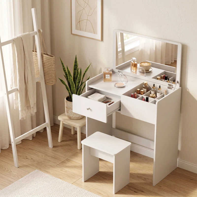 HOMCOM Vanity Desk with Mirror Dressing Table Drawer Set 6 Compartments Storage Stool White