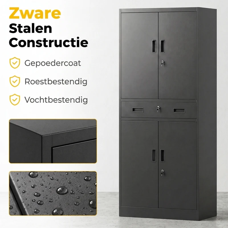 HOMCOM Metalen kast 180 cm, gereedschapskast met afsluitbare deuren, lade en verstelbare planken, zwart