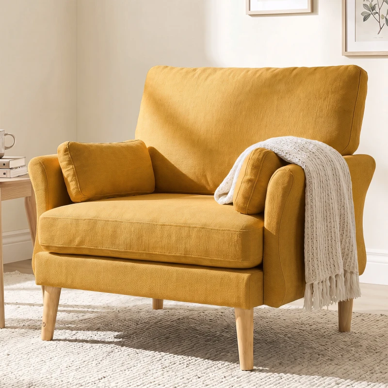 HOMCOM Sillón acolchado de terciopelo, sillón de acento extragrande con patas de madera, sillón de lectura para salón y dormitorio, Amarillo