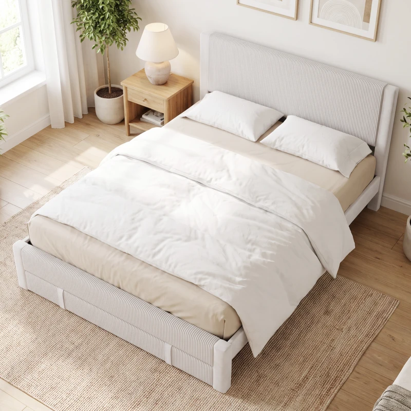 HOMCOM Cama Tapizada 140x200 cm con Cabecero Acolchado y Cajón Almacenaje Láminas de Madera Fácil Montaje Beige