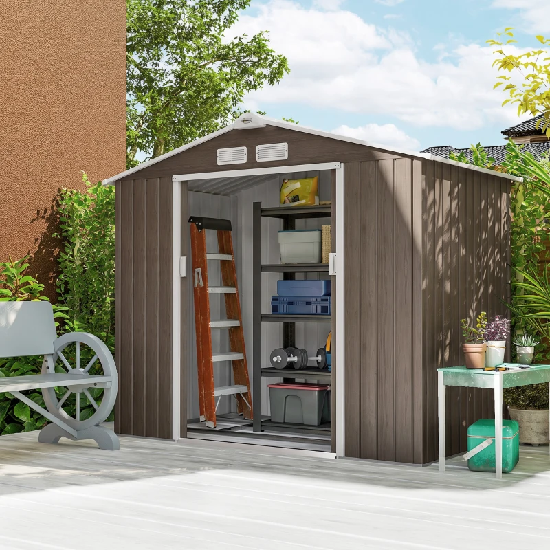 Outsunny Abri de Jardin 2,42 m² - Remise pour Outils avec Fondation - cabanon Porte verrouillable - tôle d'acier marron clair