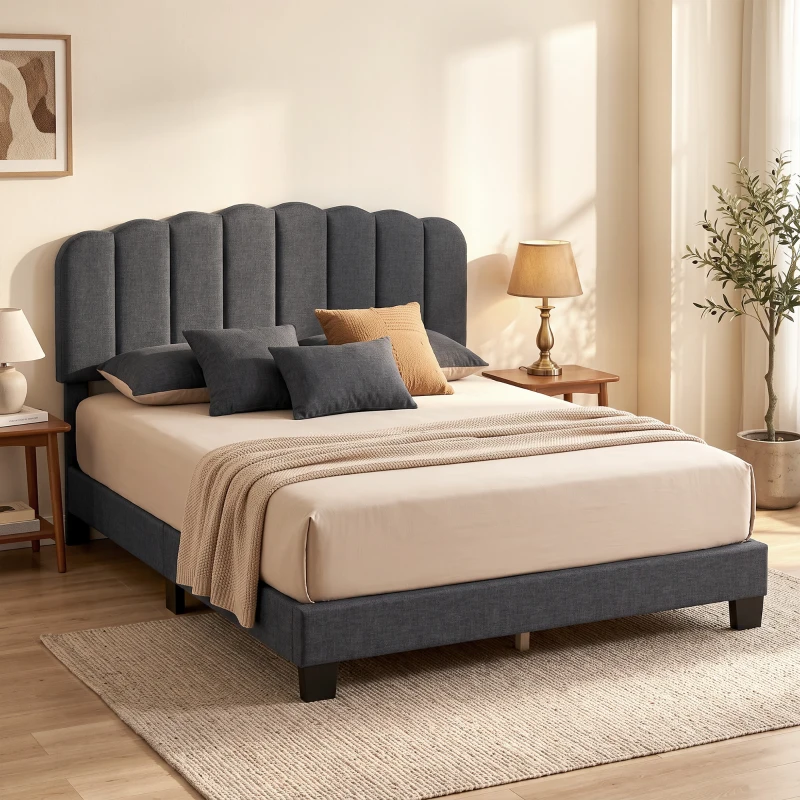 HOMCOM Cama Tapizada Doble 160x200 cm con Cabecero Acolchado Ajustable Láminas de Madera Fácil Montaje Gris Oscuro