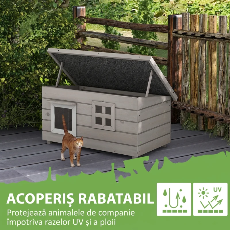 Pawhut Casa din lemn pentru pisici cu acoperis de asfalt, 87x52x44cm, Gri