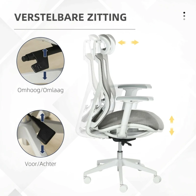 Vinsetto bureaustoel met hoofdsteun 3D-armleuning 3 niveaus in hoogte verstelbaar ergonomische netstof schuimgrijs 67 x 65 x 120-128 cm