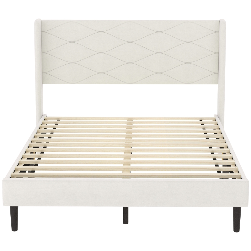HOMCOM Cama Tapizada 140x200 cm con Cabecero Acolchado con Alas de Terciopelo Láminas de Madera Fácil Montaje Beige
