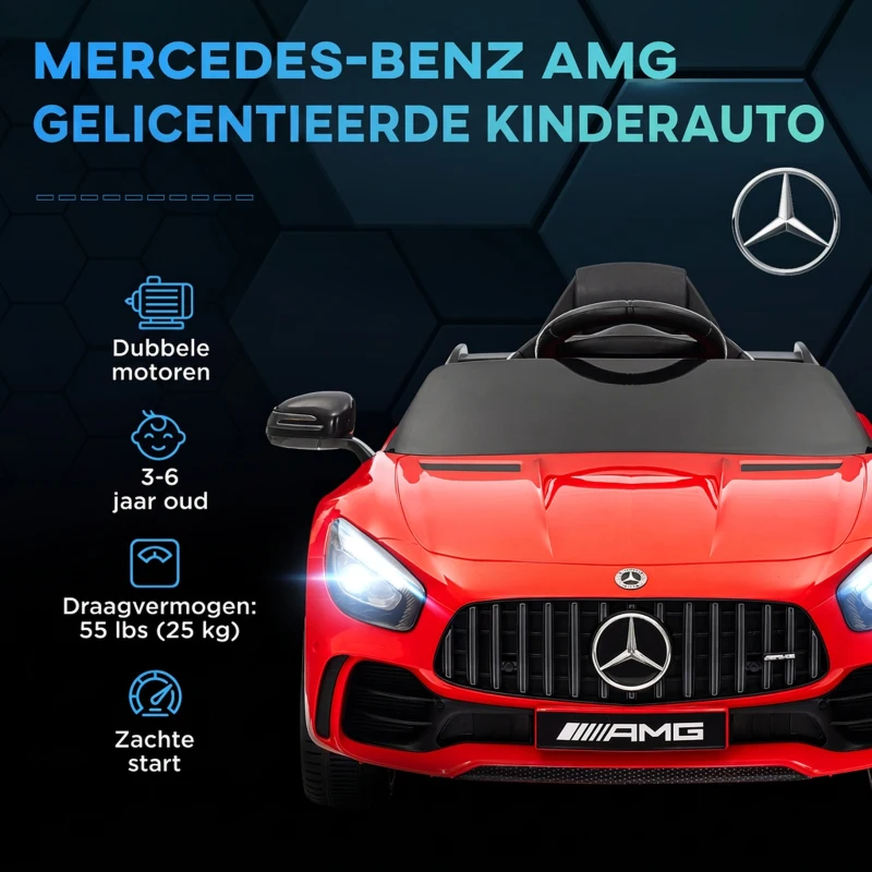 AIYAPLAY Elektrische Kinderauto Mercedes, 3-5 km/u, Afstandsbediening, Licht & Muziek, Rood
