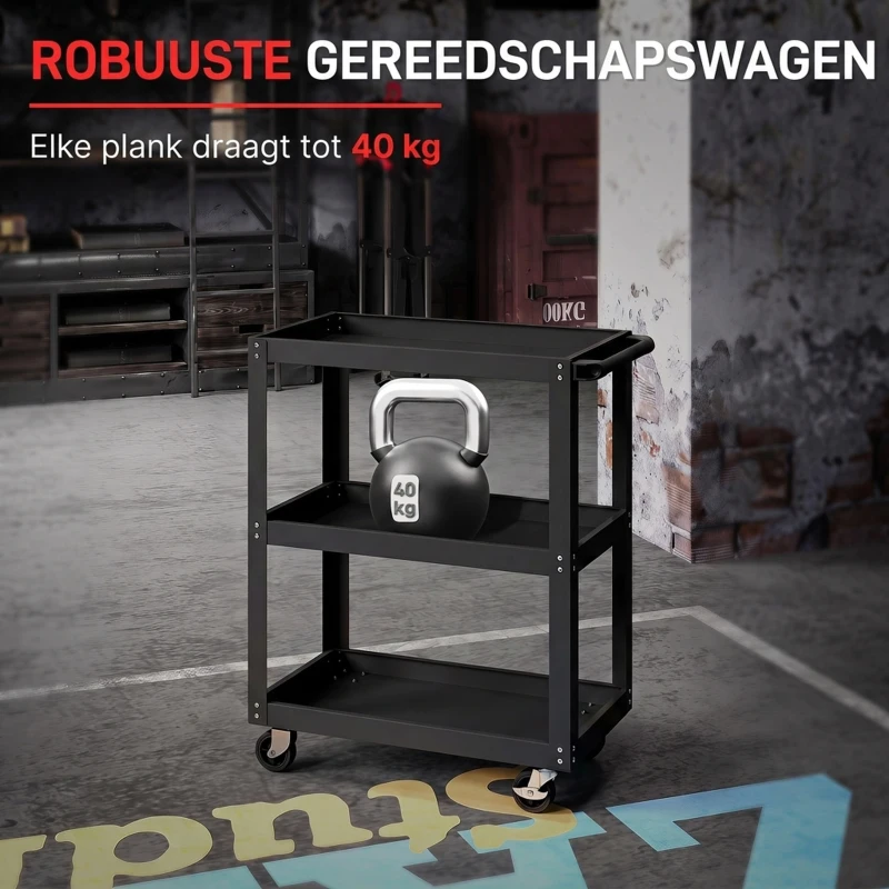 HOMCOM Gereedschapswagen met 3 legborden en zijhandgreep, 4 wielen, 70,5 x 35 x 82,5 cm, zwart
