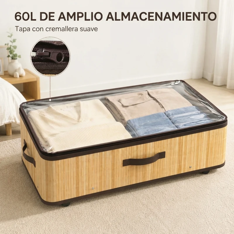 HOMCOM Juego de 2 Cajas de Almacenaje Bajo Cama con Ruedas 72L Tapa Transparente y Asa Marco Metálico 78,5x43x23 cm Natural
