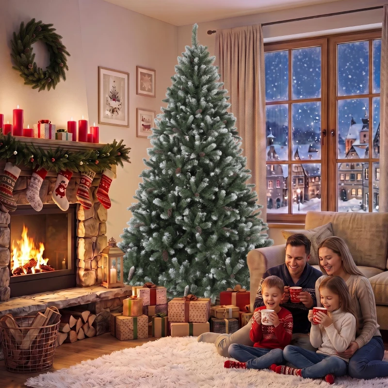 HOMCOM Árbol de Navidad Artificial 210 cm con 1140 Puntas Efecto Nevado 75 Piñas y Base Metálica Plegable Verde y Blanco