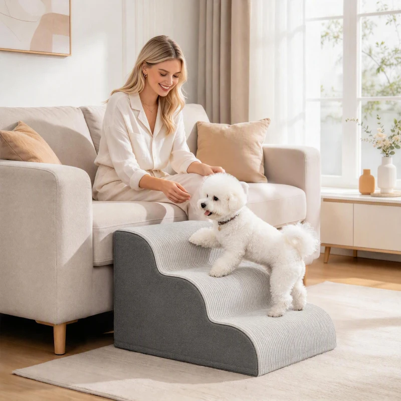 PawHut Dog Steps for Bed and Sofa, 3-Step Non-Slip Dog Stairs with Removable Washable Cover, Carry Handle, Light Grey