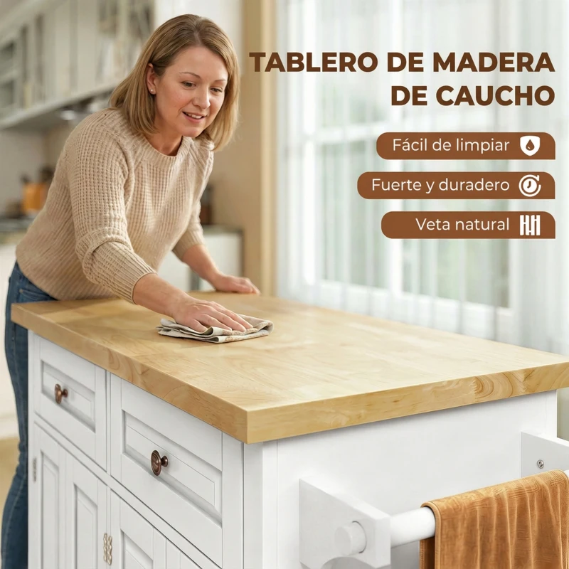 HOMCOM Isla de Cocina con Ruedas Mueble Auxiliar de Cocina con Especiero y Barra Lateral 111x44,5x82,5 cm Blanco