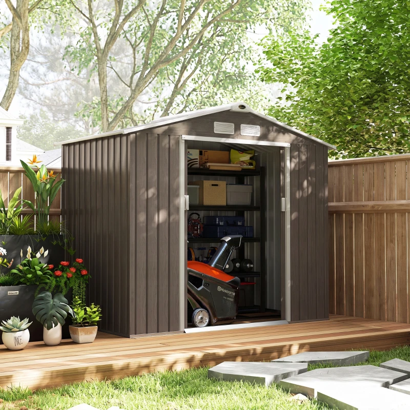 Outsunny Abri de Jardin 2,42 m² - Remise pour Outils avec Fondation - cabanon Porte verrouillable - tôle d'acier marron clair