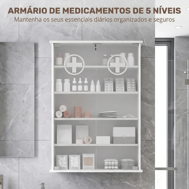 HOMCOM Armário de Medicamentos de Parede com Fechadura 2 Chaves e Portas de Vidro 60x17x82,5 cm Branco